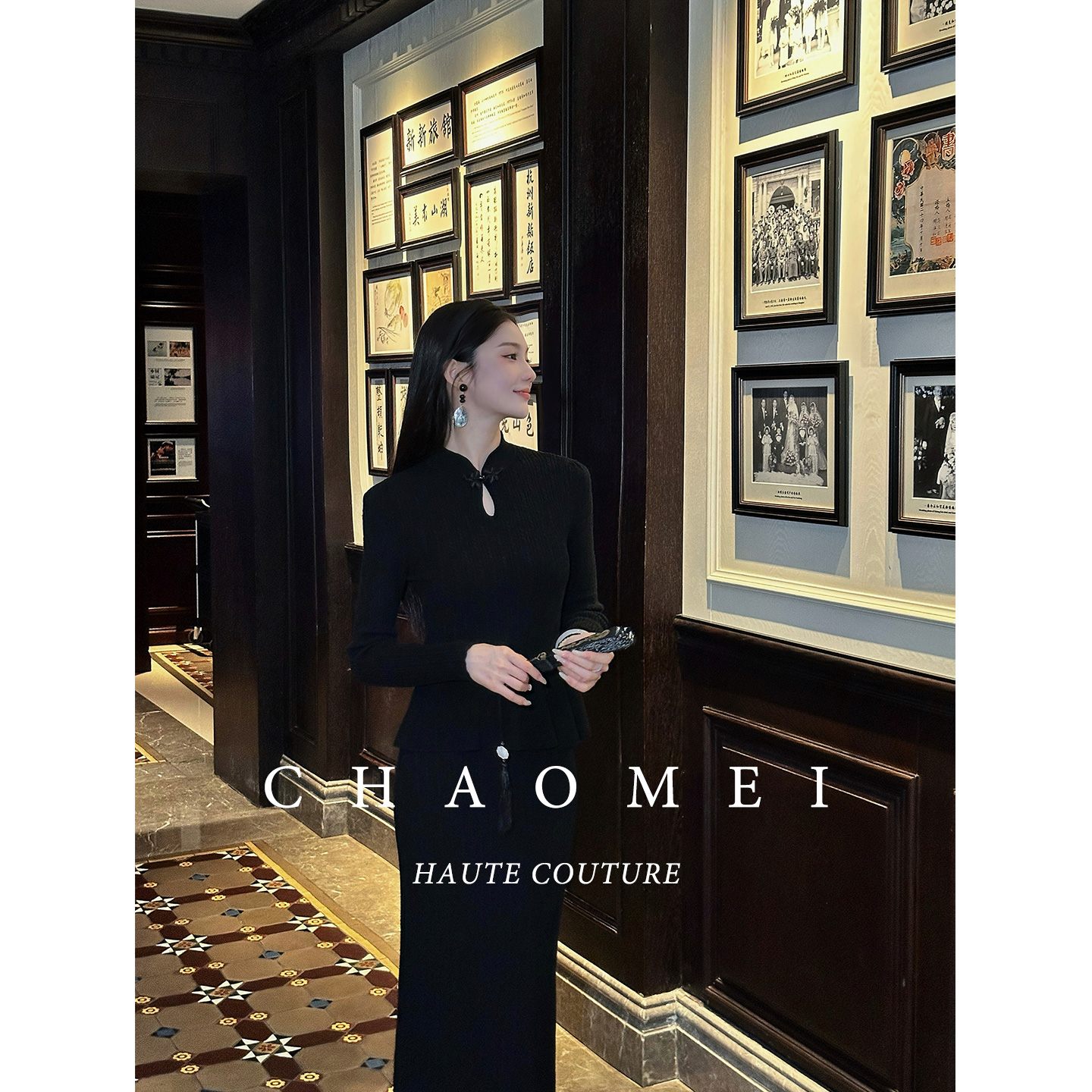 冯(CHAOMEI【初见 2】新中式绵羊毛复古黑色针织衫毛衣+半裙套装