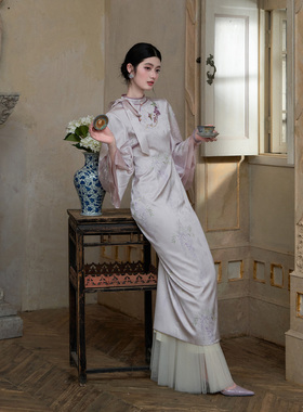 MOPASSANT【紫鸢尾】新中式高级感粉紫色刺绣长袖连衣裙旗袍