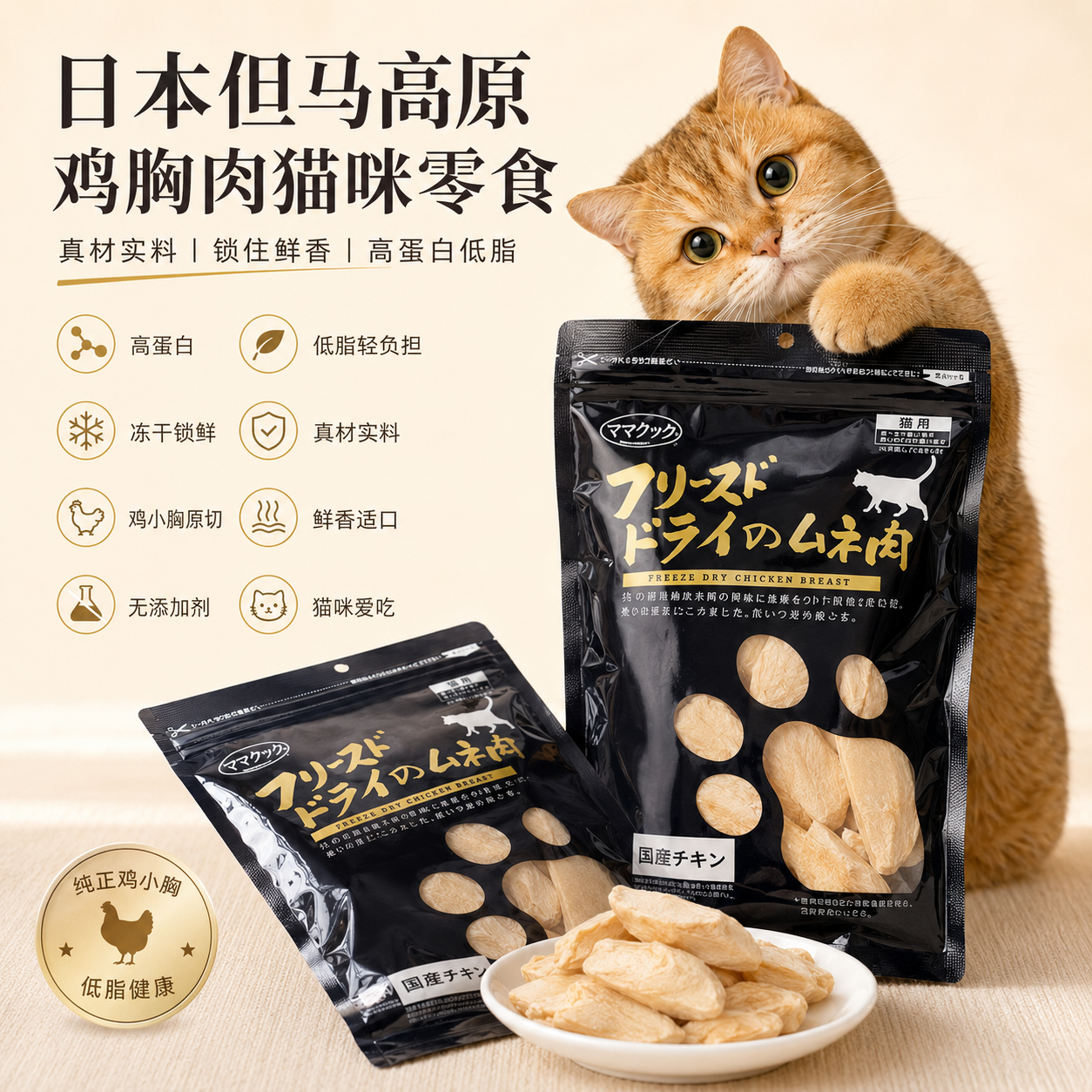 日本但马高原冻干鸡小胸无添加发腮肉块猫咪零食奖励猫冻干