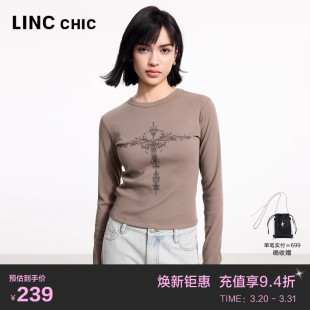 长袖 T恤女圆领印花修身 白色内搭K077Y 上衣女新款 LINC金羽杰打底衫