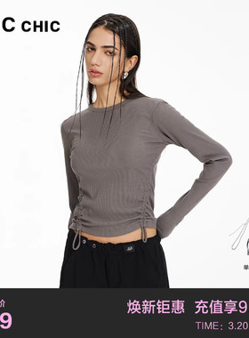LINCCHIC金羽杰春季新款抽褶收腰正肩长袖T恤女打底衫上衣FK091Y