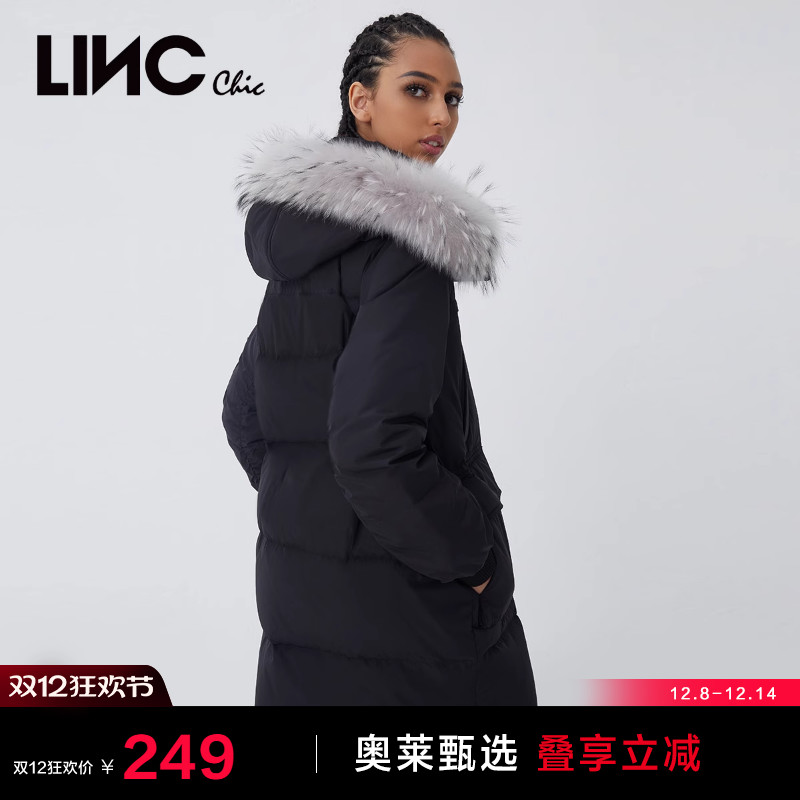 奥莱简约中长派克服貉子毛领