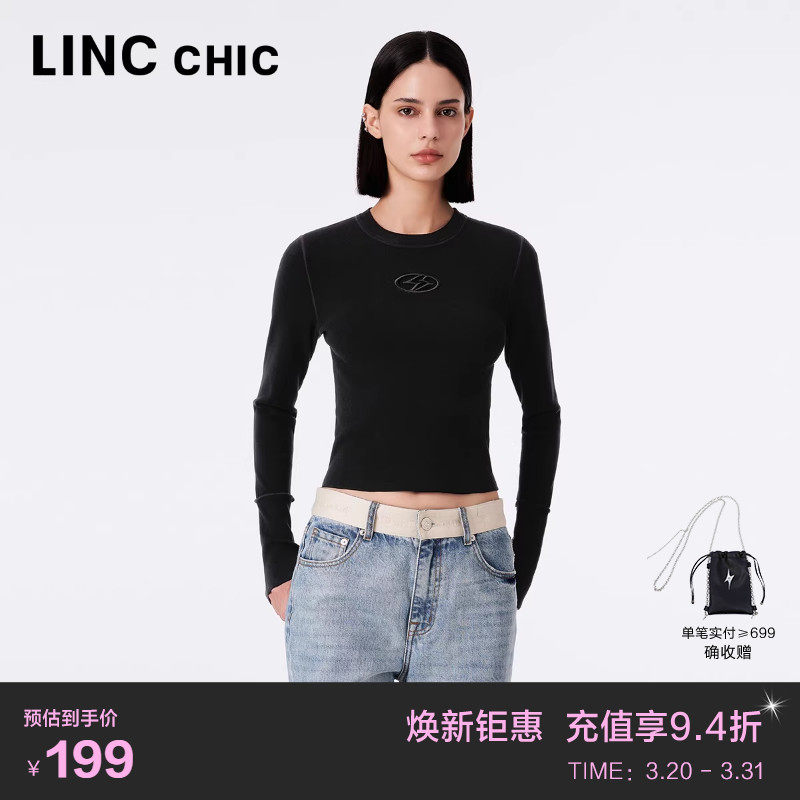 LINC金羽杰肌理感针织衫女打底修身机能感小圆领上衣女S233SW401Y