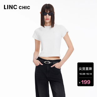 LINCCHIC金羽杰短袖 短T恤FK256Y 女T恤极简紧身插肩上衣女圆领短袖