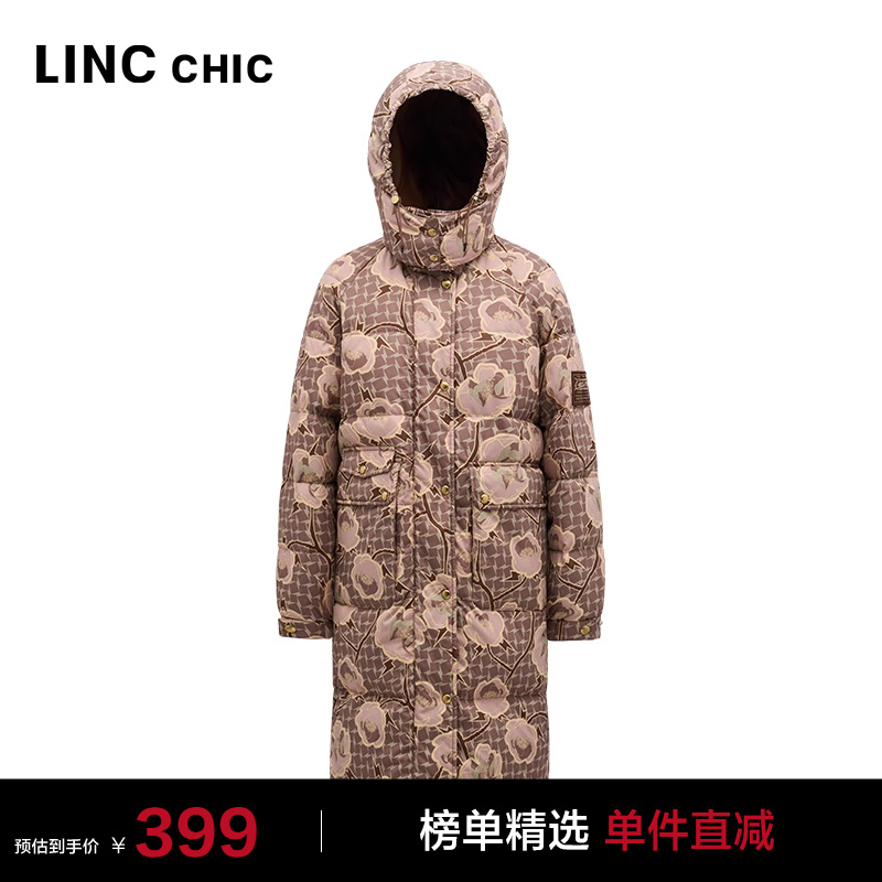 LINCCHIC金羽杰羽绒服复古印花中长款羽绒服女直筒连帽羽绒服外套