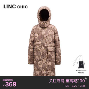 LINCCHIC金羽杰羽绒服复古印花中长款羽绒服女直筒连帽羽绒服外套