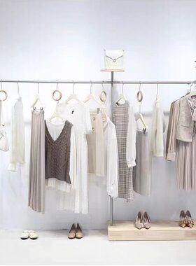 服装店展示架落地胡桃色实木不锈钢挂衣架女装店中岛架黑色陈列架