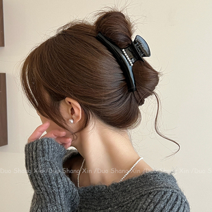 优雅黑色珍珠抓夹女法式 高级感盘发抓鲨鱼夹碎发卡后脑勺醋酸发夹