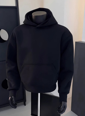 cleanfit黑色重磅卫衣男款秋冬加厚保暖高克重连帽衫美式正肩外套