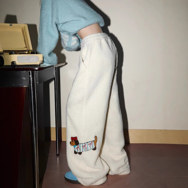 腊肠狗刺绣摇粒绒裤子男女冬季加厚棉裤东北防寒装备小个子阔腿裤