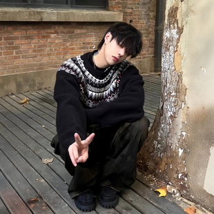 费尔岛圆领毛衣男款冬季复古慵懒风提花针织衫高级感美式情侣外套