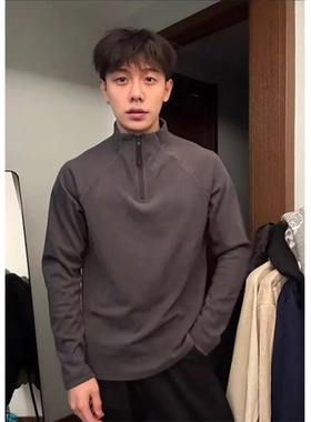 深灰色半拉链德绒打底衫男秋冬美式痞帅立领内搭健身训练长袖t恤