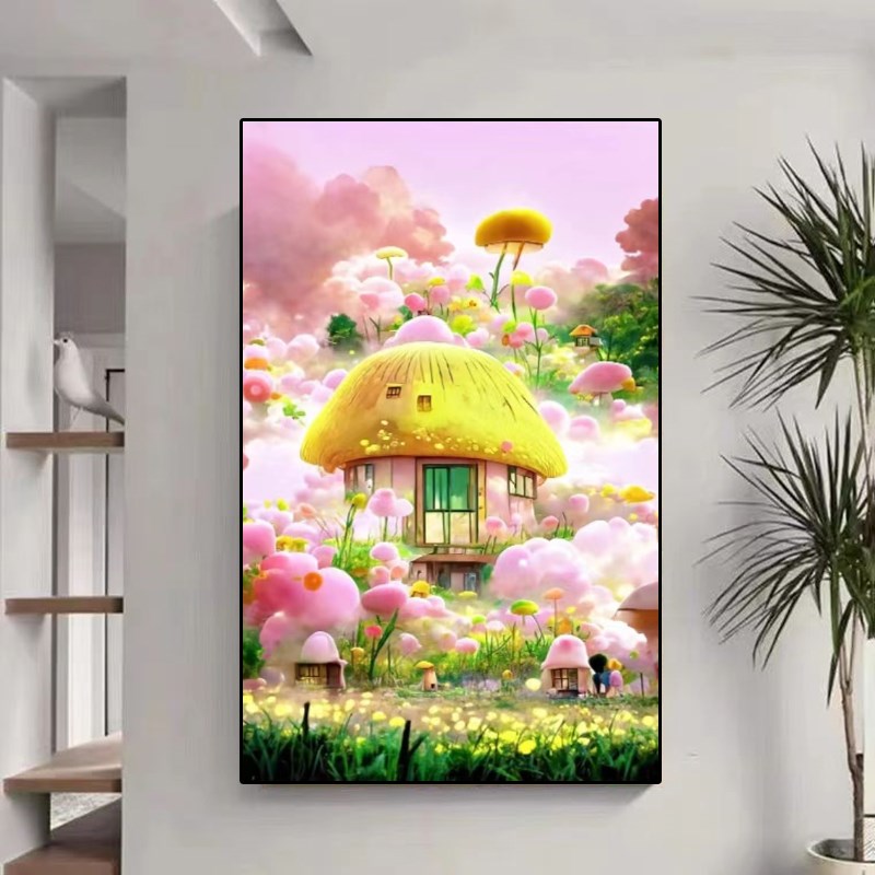 梦幻蘑菇屋十字绣竖版2024新款线绣客厅小幅玄关餐厅小件满绣大格