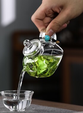 小茶壶一人用四方玻璃壶小容量耐高温透明功夫泡茶具手把壶对嘴喝