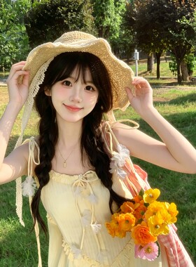 海边遮阳帽度假风蕾丝花边草帽夏季沙滩帽太阳帽子显脸小2026新款