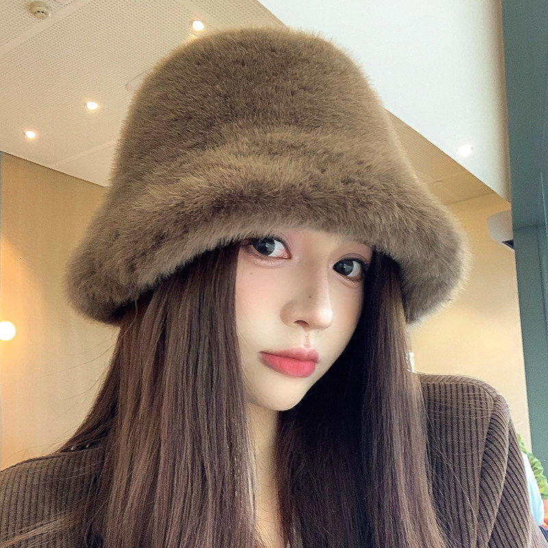 毛毛帽子女款2025新款秋冬款毛绒渔夫帽大头围韩系百搭水桶帽盆