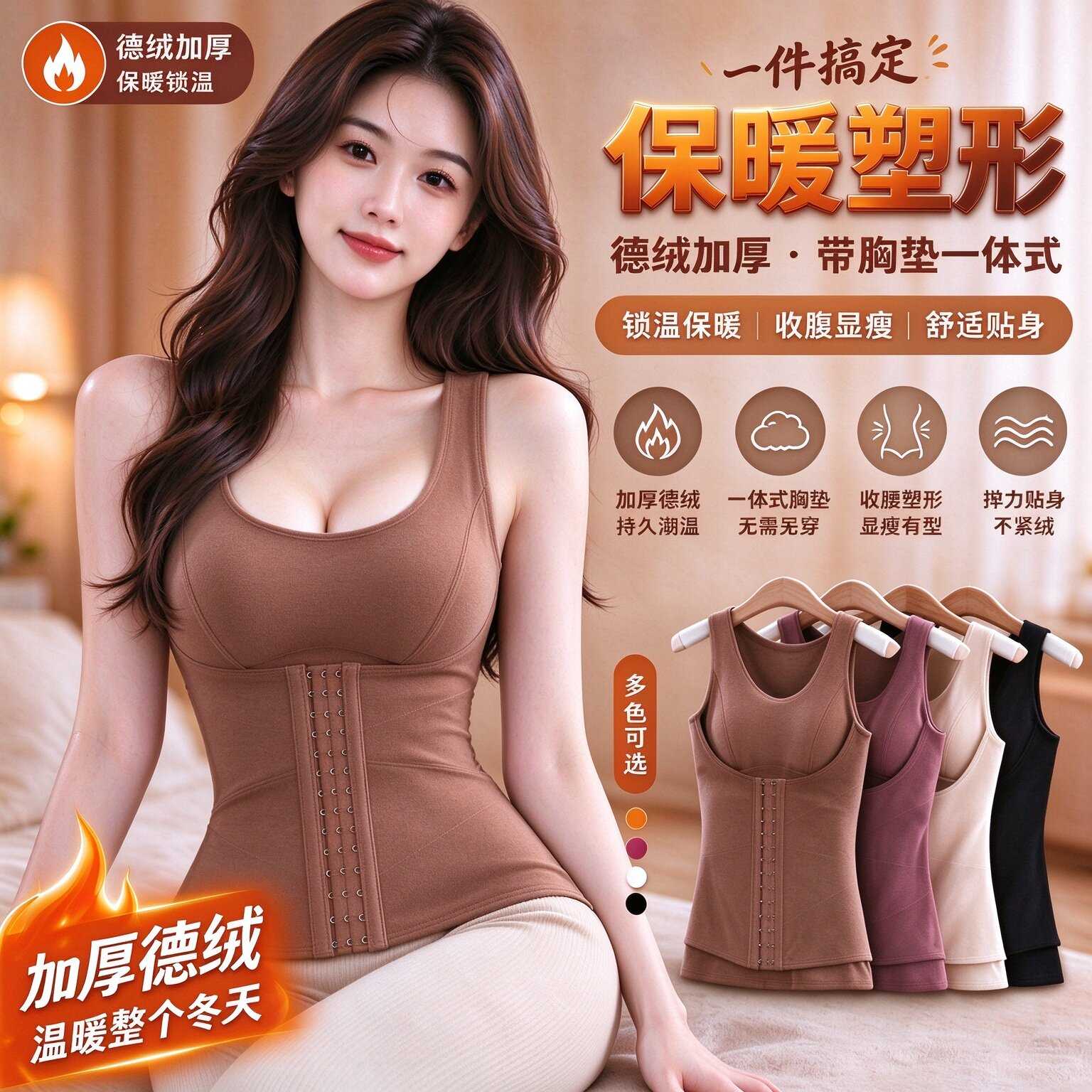 德绒加厚保暖背心秋冬季女带胸垫