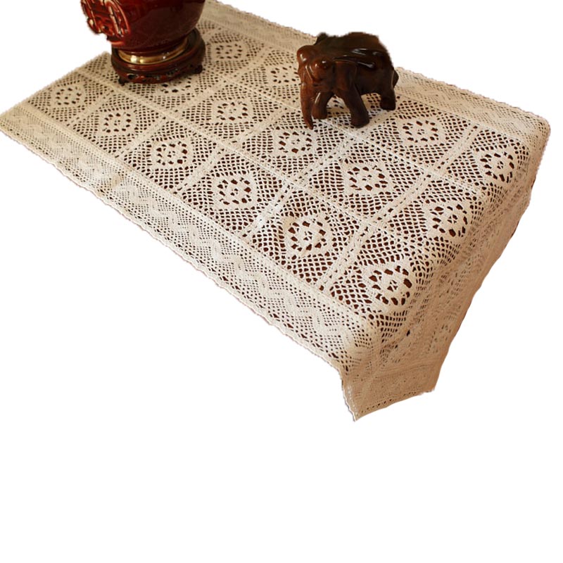 美式乡村棉线钩针复古桌旗盖巾电视鞋柜巾几何白色米色拍摄道具