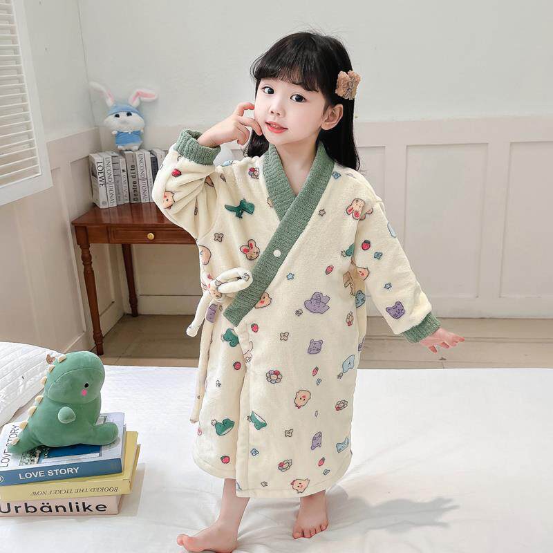 儿童浴袍浴巾家居服女童洗澡防着凉法兰绒睡袍秋冬季保暖可穿睡衣