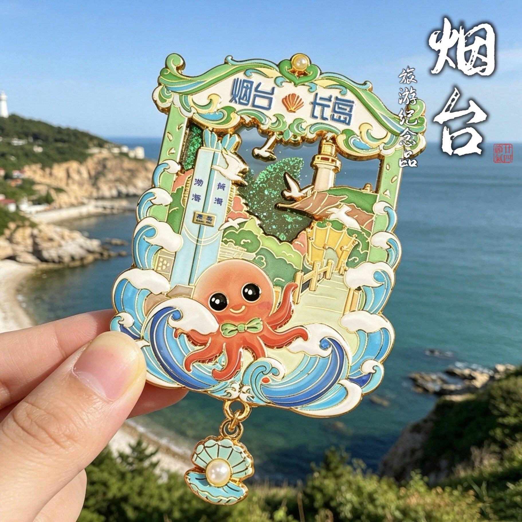 山东烟台蓬莱阁天马栈桥文创流沙金属冰箱贴养马岛渔人码头纪念品