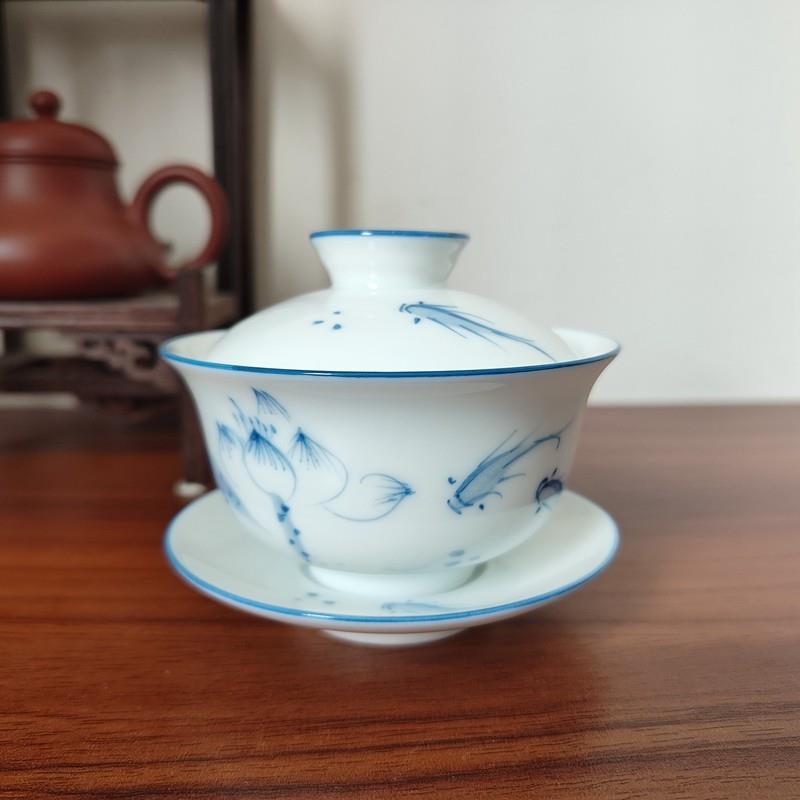 一善堂高白手绘盖碗三才碗功夫茶具配件陶瓷泡茶器荷韵釉下彩茶碗