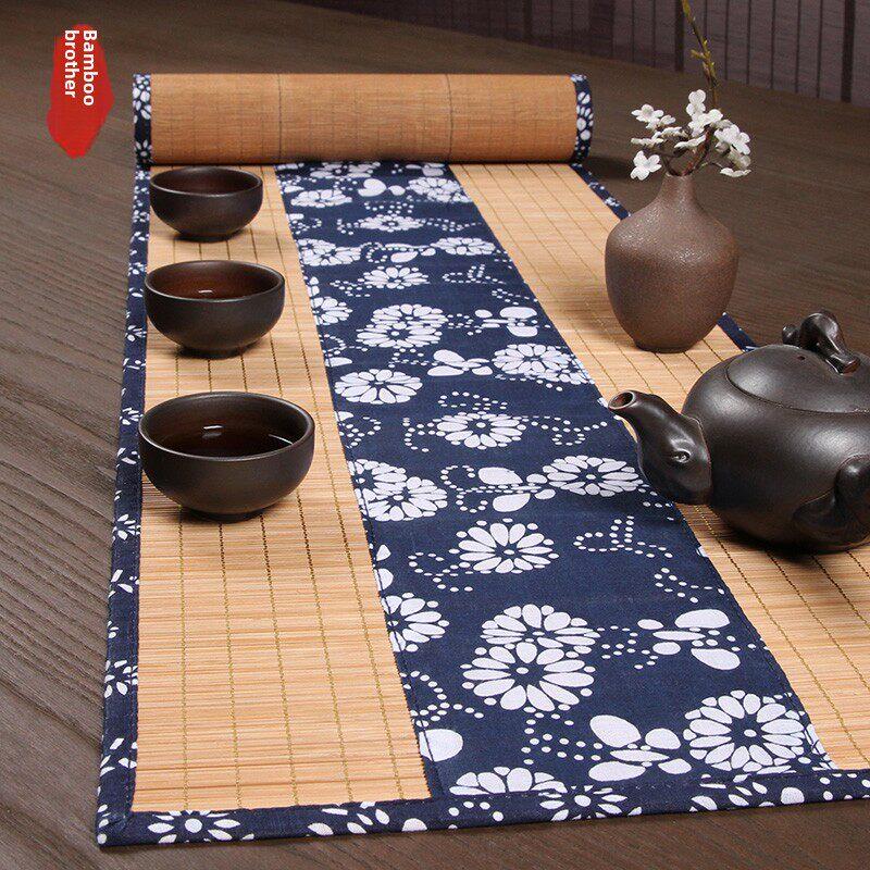日式碎花茶席麻布茶垫禅意竹制布艺桌旗棉布功夫茶道六道君子配件