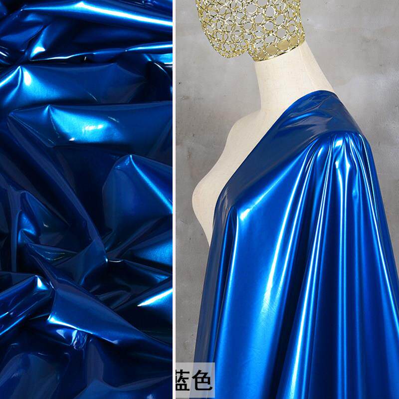 宝蓝色针织底布高弹力镜面皮革亮面pu仿皮光滑防水服装设计师面料
