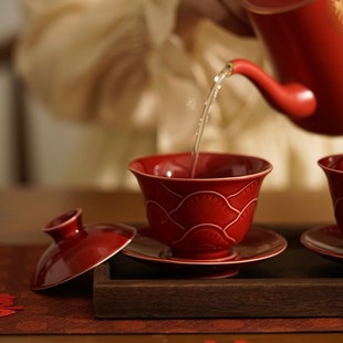 喜霓结婚改口敬茶杯一对红色陶瓷盖碗杯子套装新人婚礼喜庆敬酒杯
