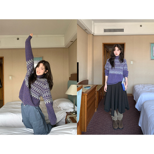 設計感慵懶復古菱格高翻領套頭費爾島韓版 毛衣 梨 xxdeli香香