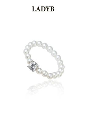LADYB方糖锆石米粒珍珠戒指女