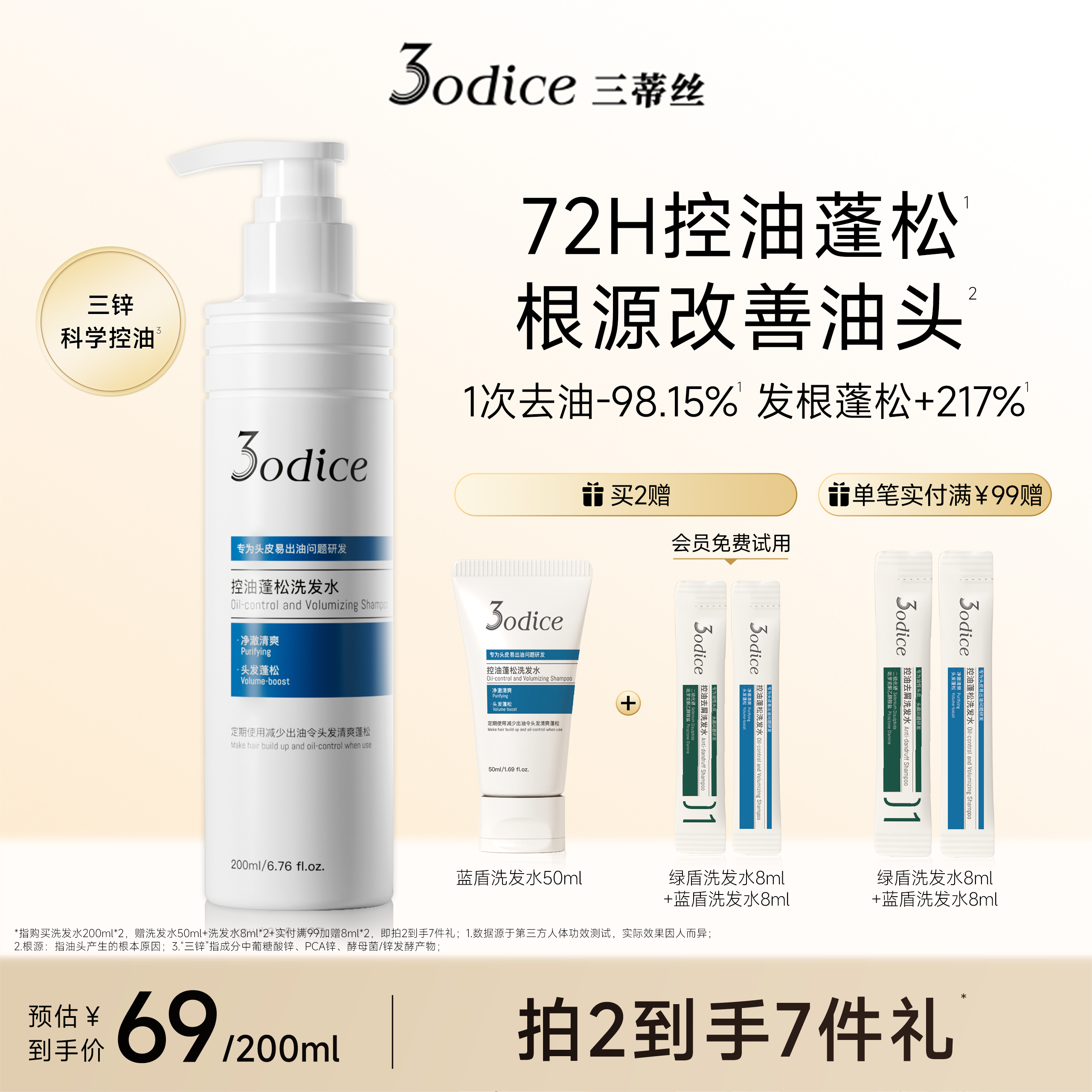 3odice三蒂丝洗发水控油蓬松持久蓝盾洗发露护头皮洗头膏无硅油