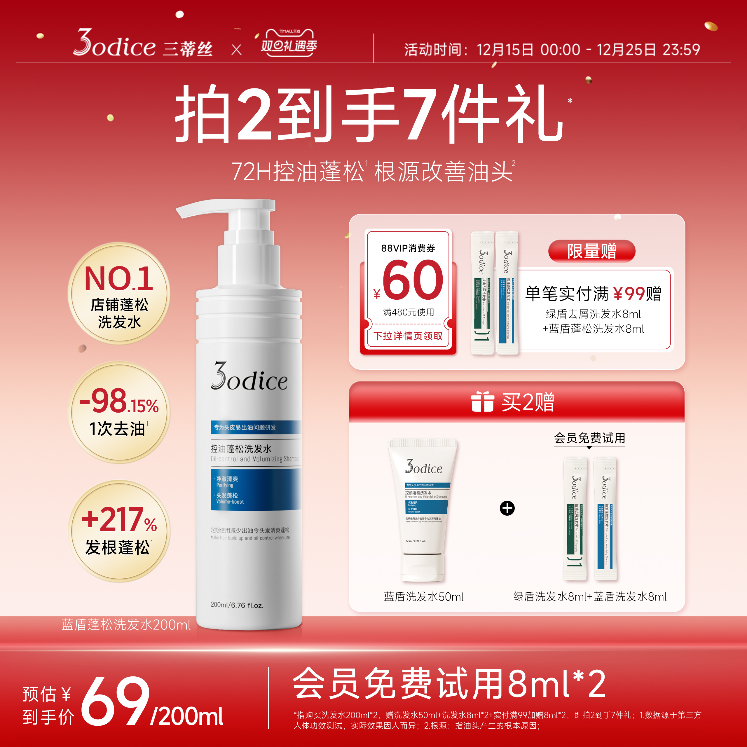 3odice三蒂丝蓝盾蓬松洗发水洗发露长效控油蓬松头皮洗头膏无硅油