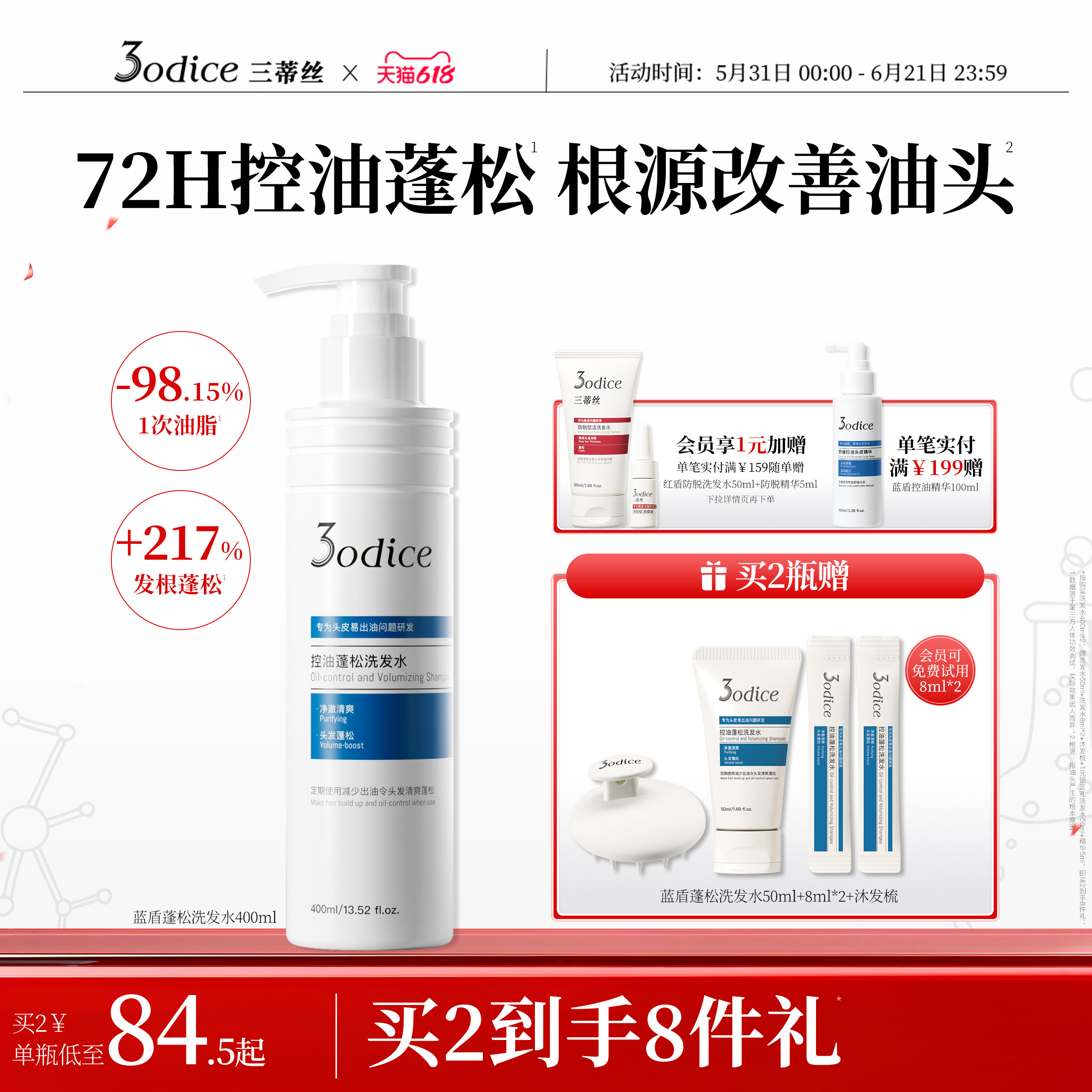 【家庭囤货】3odice三蒂丝蓝盾蓬松洗发水控油蓬松高颅顶头皮止痒