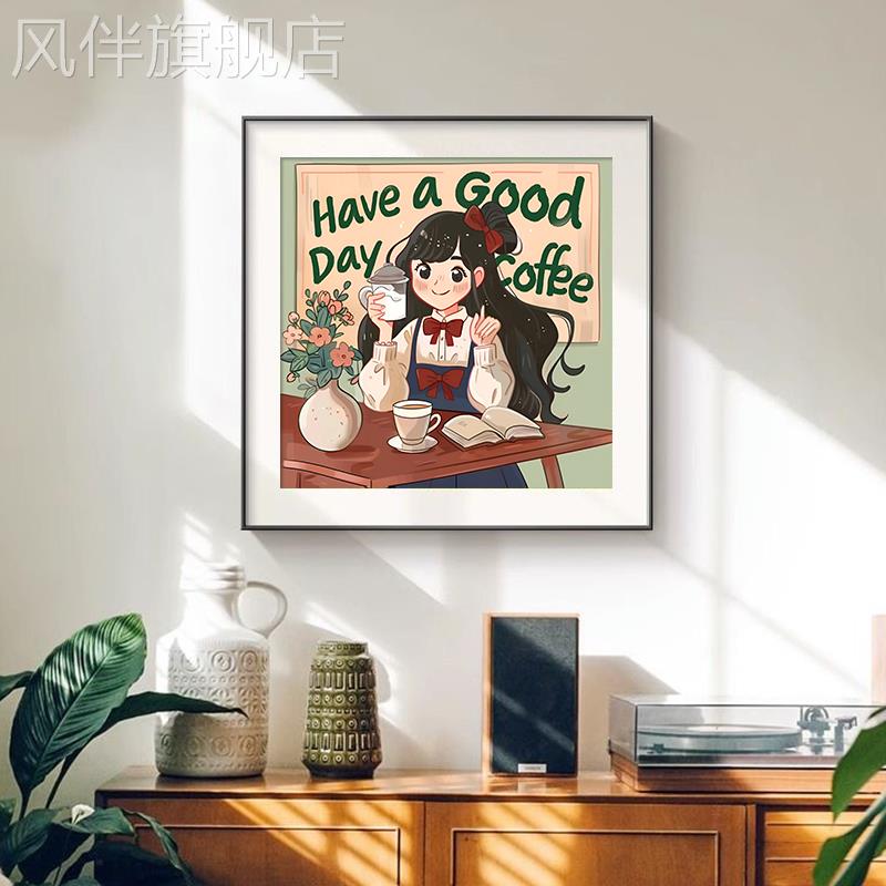 美拉德奶油风餐厅装饰画美式复古卧室方形挂画卡通咖啡店背景墙画图片
