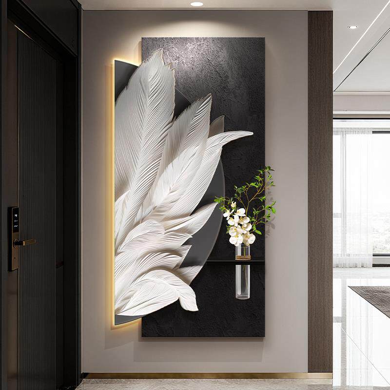 意式极简羽毛玄关装饰画水培绿植走廊挂画黑白灰砂岩入户门壁画灯