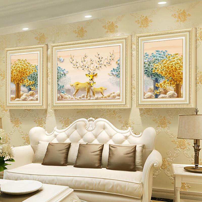 欧式客厅装饰画沙发背景墙画简欧挂画麋鹿晶瓷画现代简约三联壁画