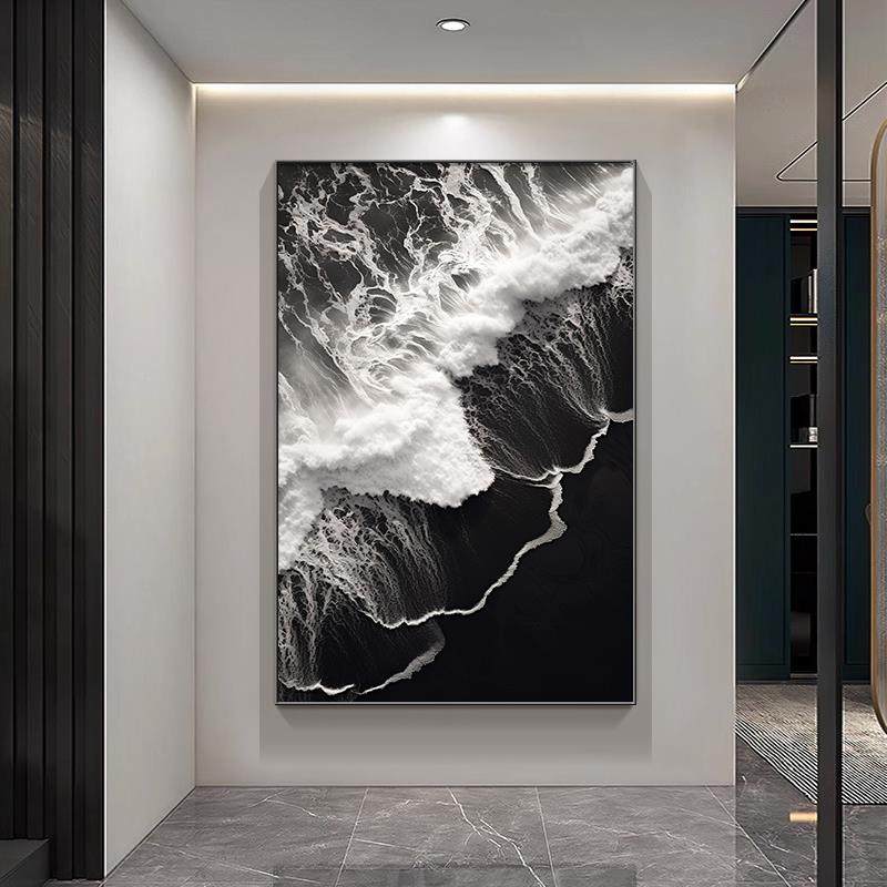 意式极简挂画客厅沙发背景墙装饰画肌理海浪玄关走廊黑白2025新款