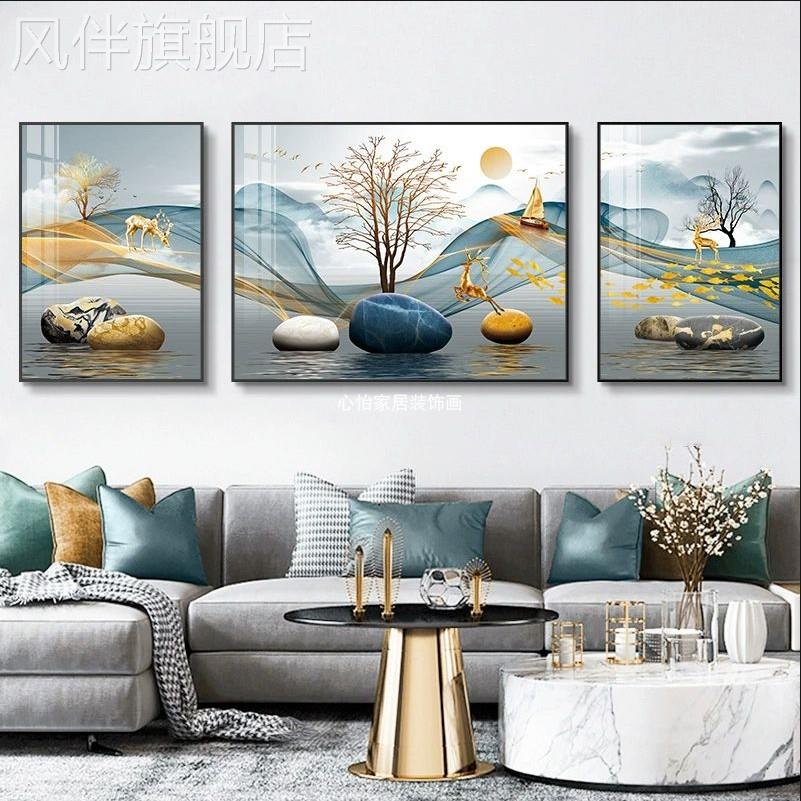 福鹿聚财客厅挂画北欧简约三联壁画高档大气墙画沙发背景墙装饰画