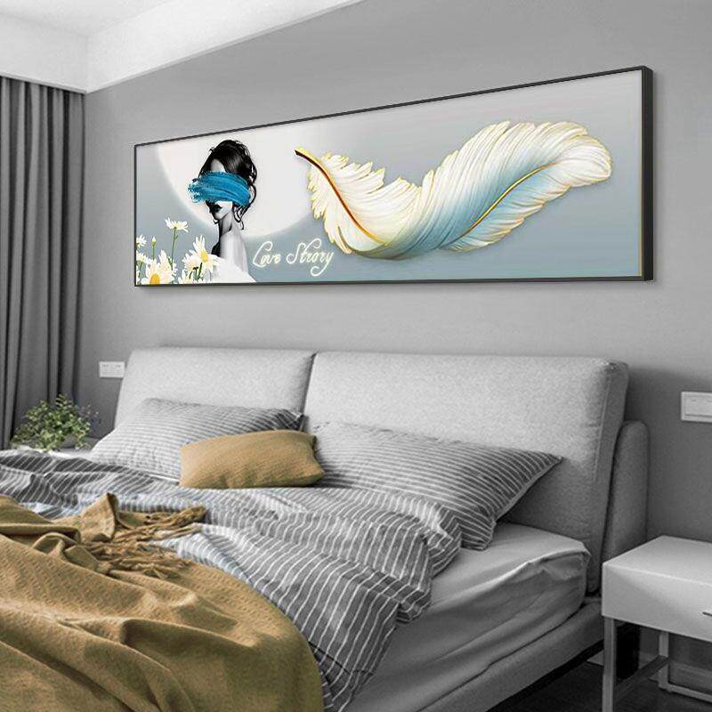 高级感床头画女孩房间背景墙挂画轻奢主卧次卧壁画羽毛民宿客房画