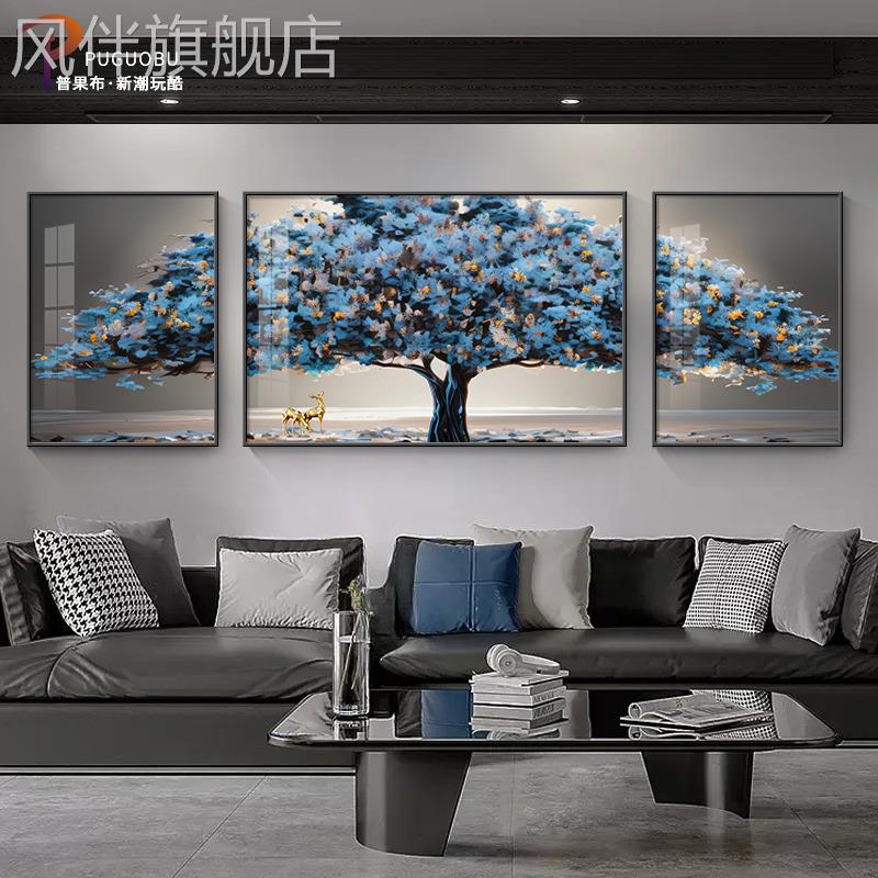 现代简约客厅装饰画发财树沙发背景墙三联挂画寓意好晶瓷镶钻壁画图片