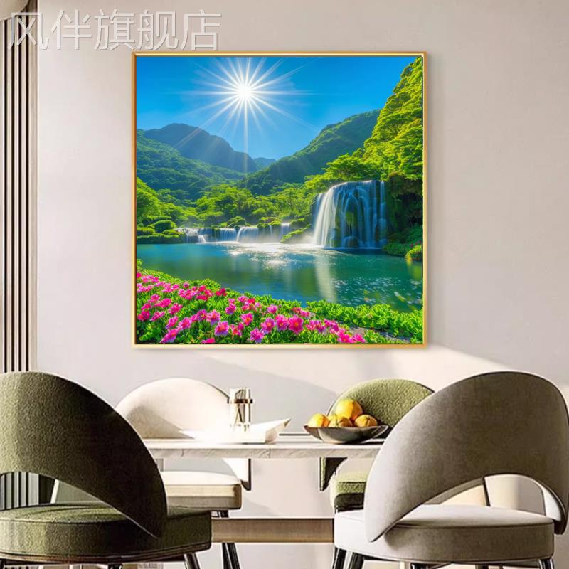 山水风景画客厅卧室装饰画餐厅走廊过道挂画方形壁画湖泊绿色树木图片