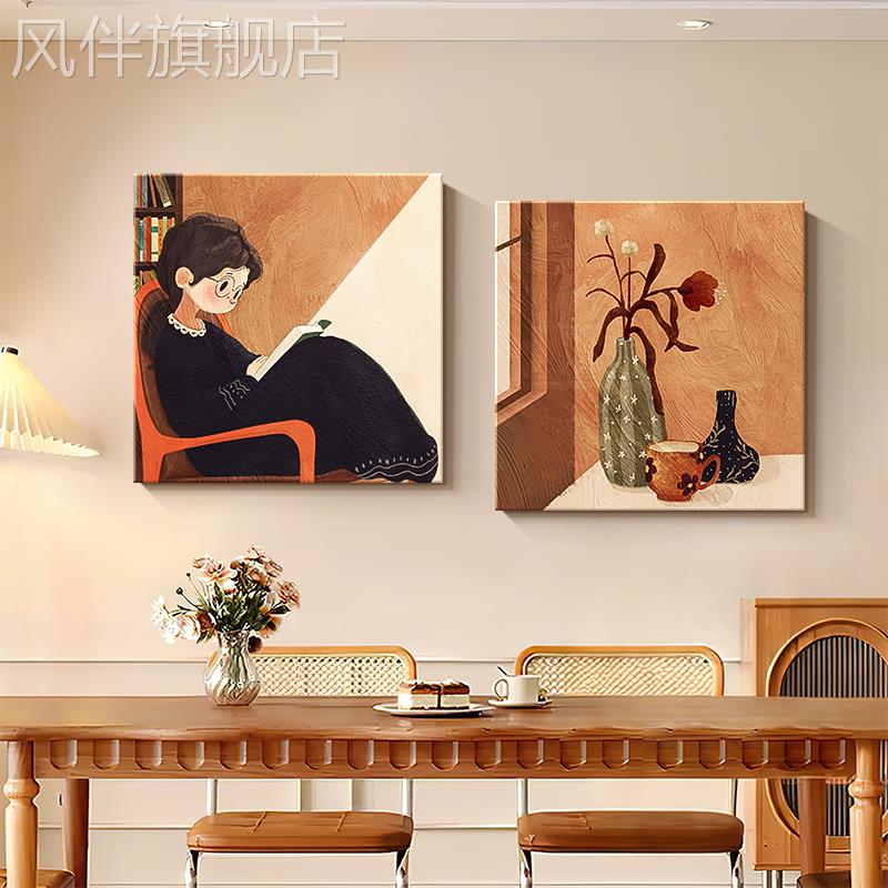 美拉德女孩餐厅装饰画中古风复古餐桌背景墙挂画高级感正方形壁画图片