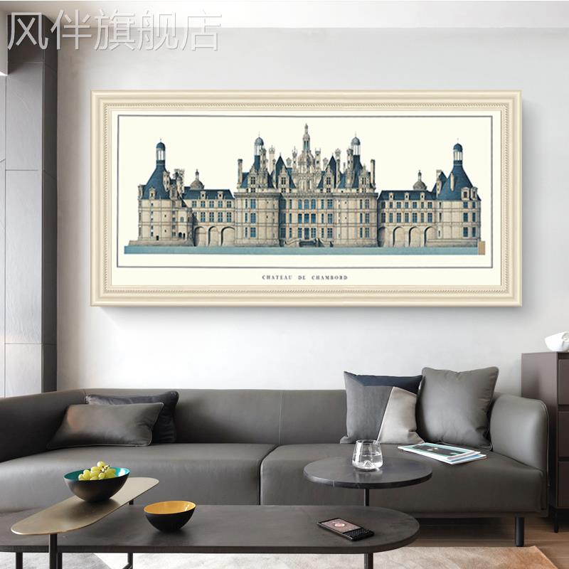 美式客厅装饰画横幅建筑欧式卧室背景墙挂画城堡餐厅书房壁画墙画图片