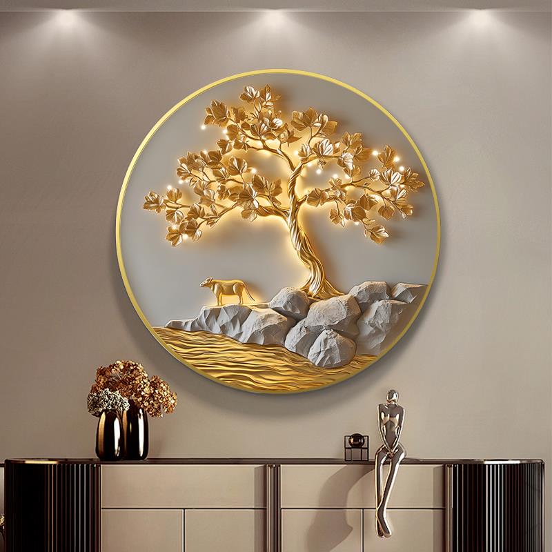 发财树轻奢LED灯圆形灯画入户玄关装饰画走廊挂画现代玄关柜壁画图片