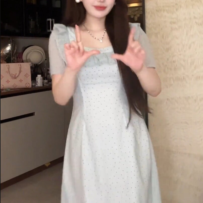 大尺码法式复古方领荷叶边短袖洋装女夏微胖mm高腰遮肉显瘦A字裙