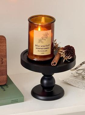 黑色复古木质香薰托盘摆件中古风玄关收纳盘置物盘圆形高脚展示盘