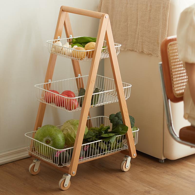 实木移动小推车家用厨房收纳蔬菜架储物用品整理架多层放菜置物架