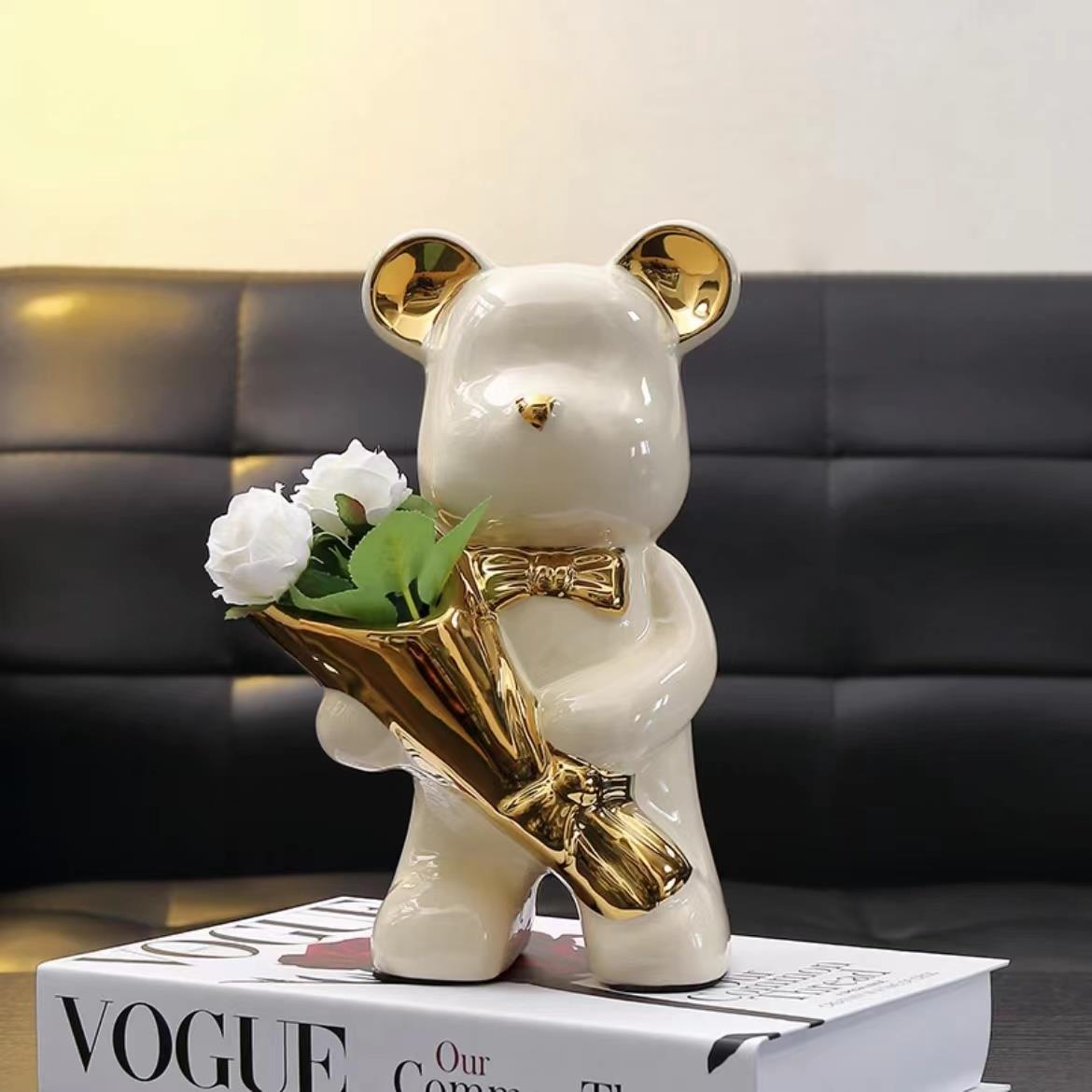 捧花熊摆件可爱风轻奢简约高档陶瓷玄关客厅酒柜电视柜装饰摆饰