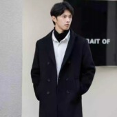 黑色韩版 垫肩外套 加厚英伦风高级感风衣长款 毛呢子大衣男款 冬春季