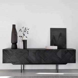 北欧雕花电视柜客厅小户型设计中古工业风覆古黑色实木电视柜定制